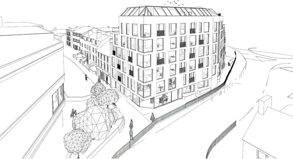 Bird’s eye view of proposed building from station approach